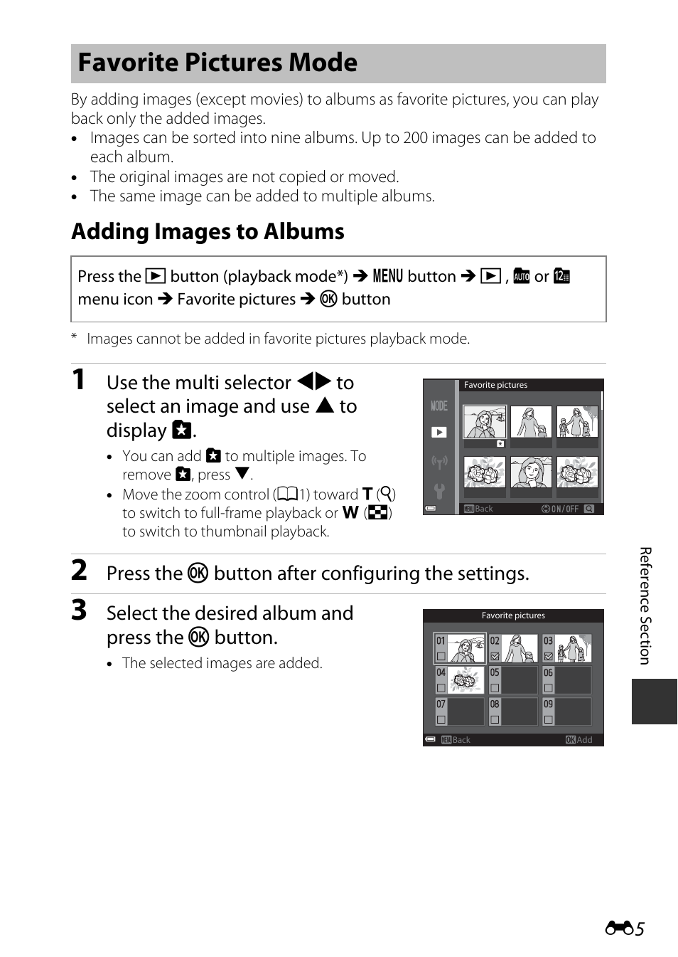 Favorite pictures mode, Adding images to albums, Press the k button after configuring the settings | Select the desired album and press the k button | Nikon S9600 User Manual | Page 115 / 226