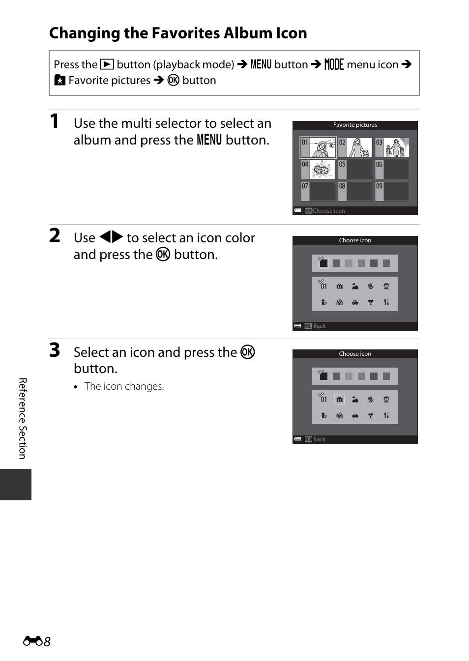 Changing the favorites album icon, Select an icon and press the k button | Nikon S9600 User Manual | Page 118 / 226