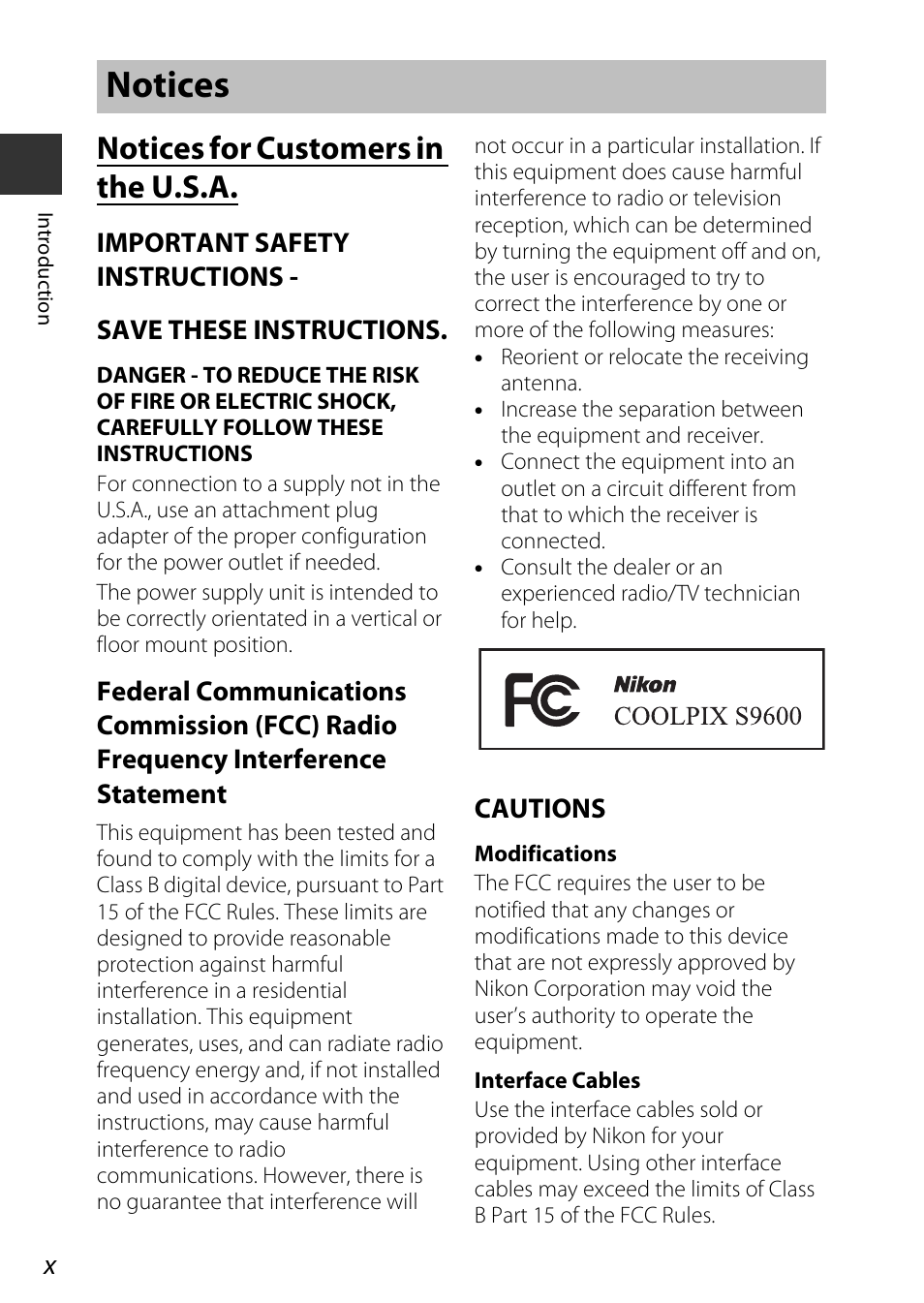 Notices, Notices for customers in the u.s.a, Cautions | Nikon S9600 User Manual | Page 12 / 226