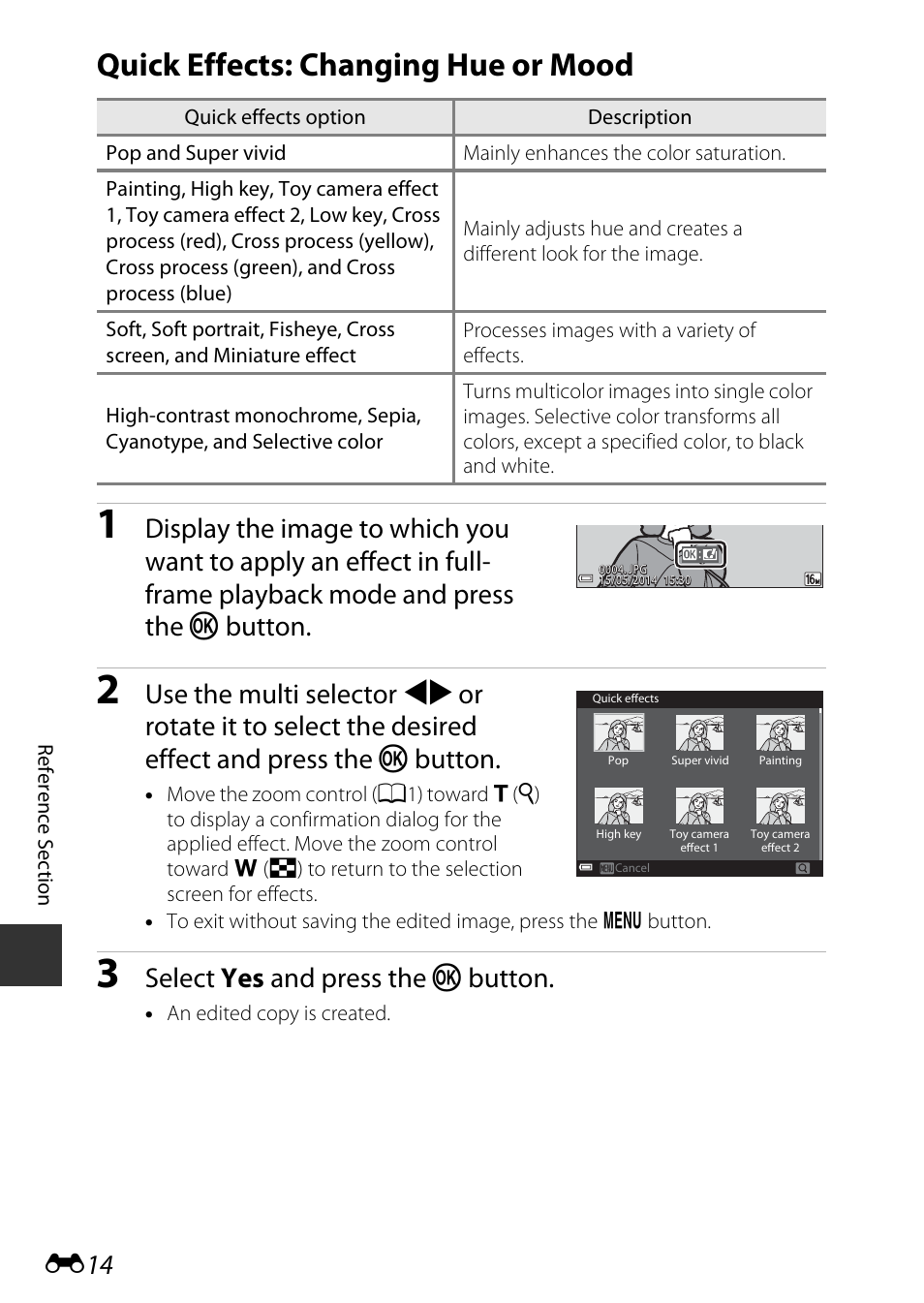 Quick effects: changing hue or mood, Select yes and press the k button | Nikon S9600 User Manual | Page 124 / 226