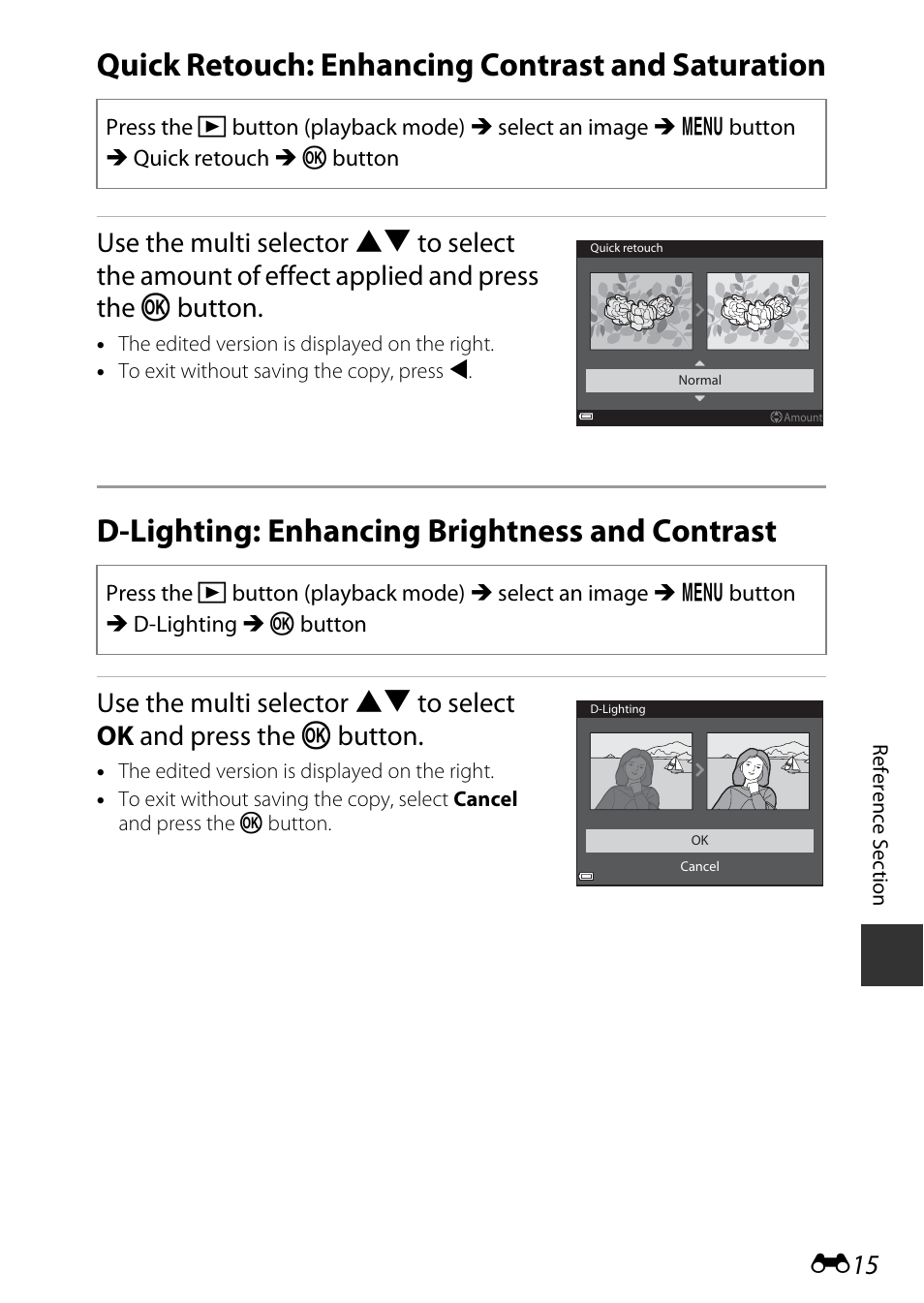 Quick retouch: enhancing contrast and saturation, D-lighting: enhancing brightness and contrast | Nikon S9600 User Manual | Page 125 / 226