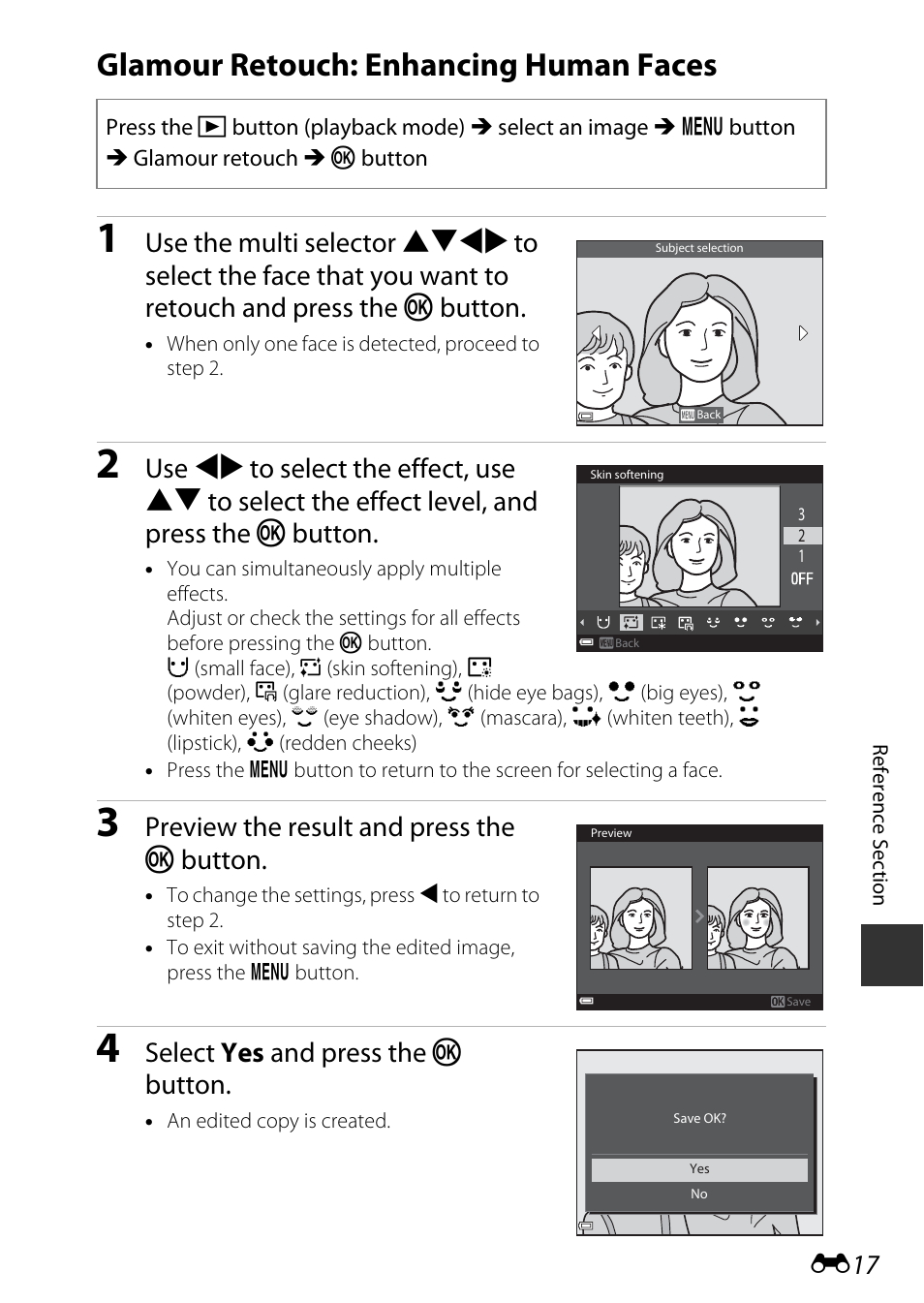 Glamour retouch: enhancing human faces, Preview the result and press the k button, Select yes and press the k button | Nikon S9600 User Manual | Page 127 / 226