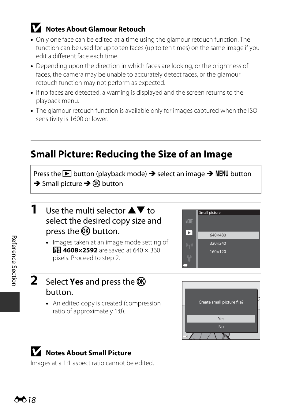 Small picture: reducing the size of an image, Select yes and press the k button | Nikon S9600 User Manual | Page 128 / 226