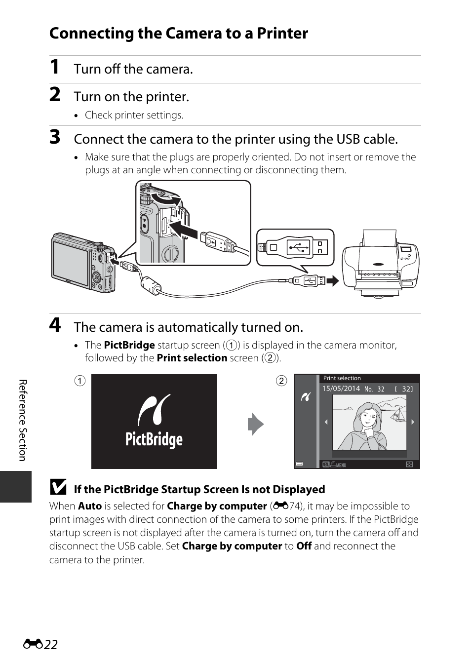 Connecting the camera to a printer, E22) | Nikon S9600 User Manual | Page 132 / 226