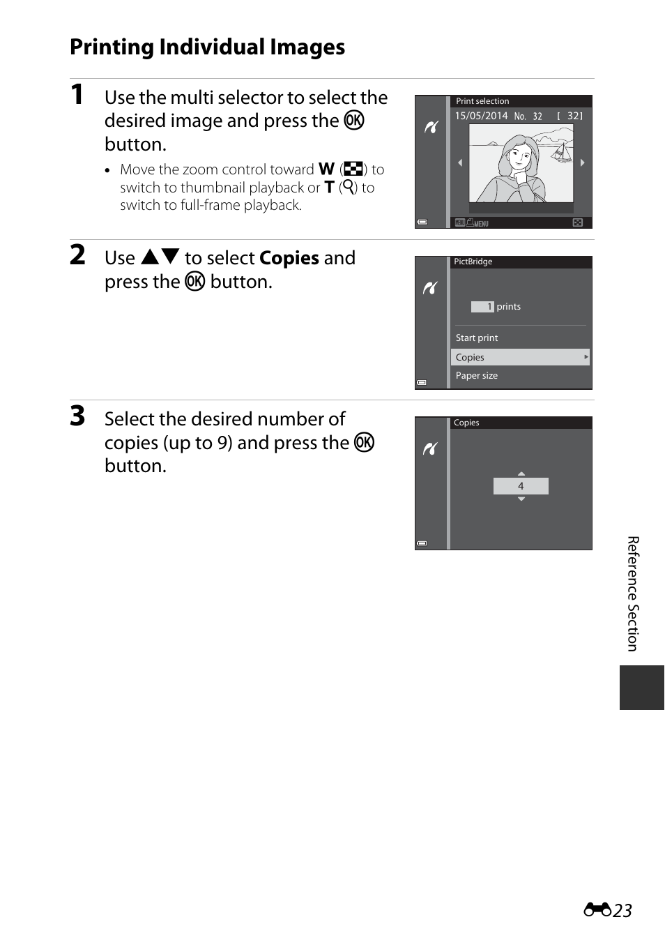 Printing individual images, E23), Use hi to select copies and press the k button | Nikon S9600 User Manual | Page 133 / 226