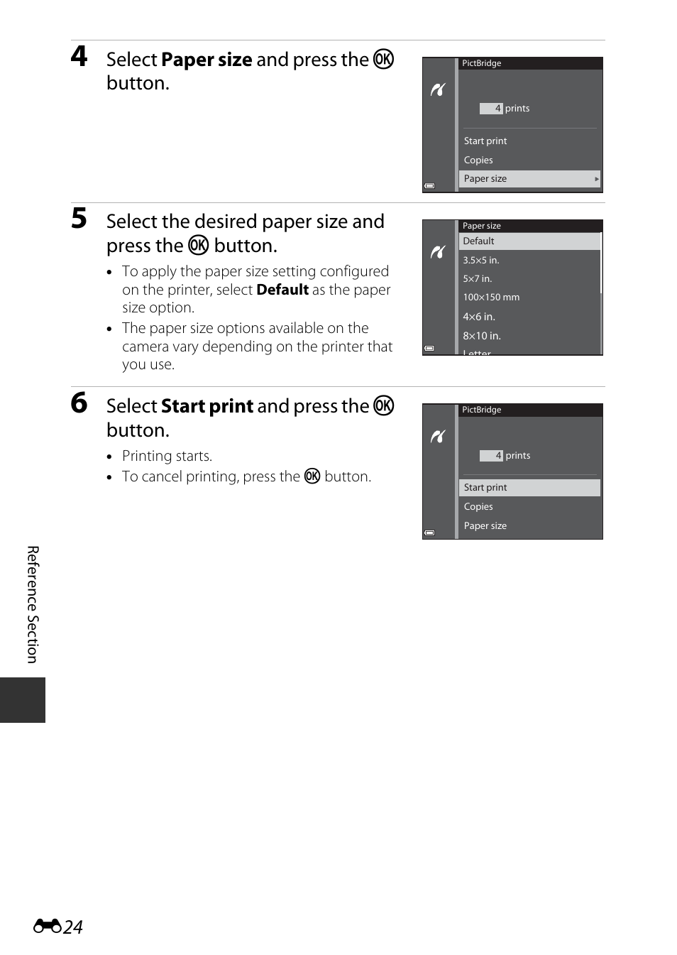 Select paper size and press the k button, Select start print and press the k button | Nikon S9600 User Manual | Page 134 / 226