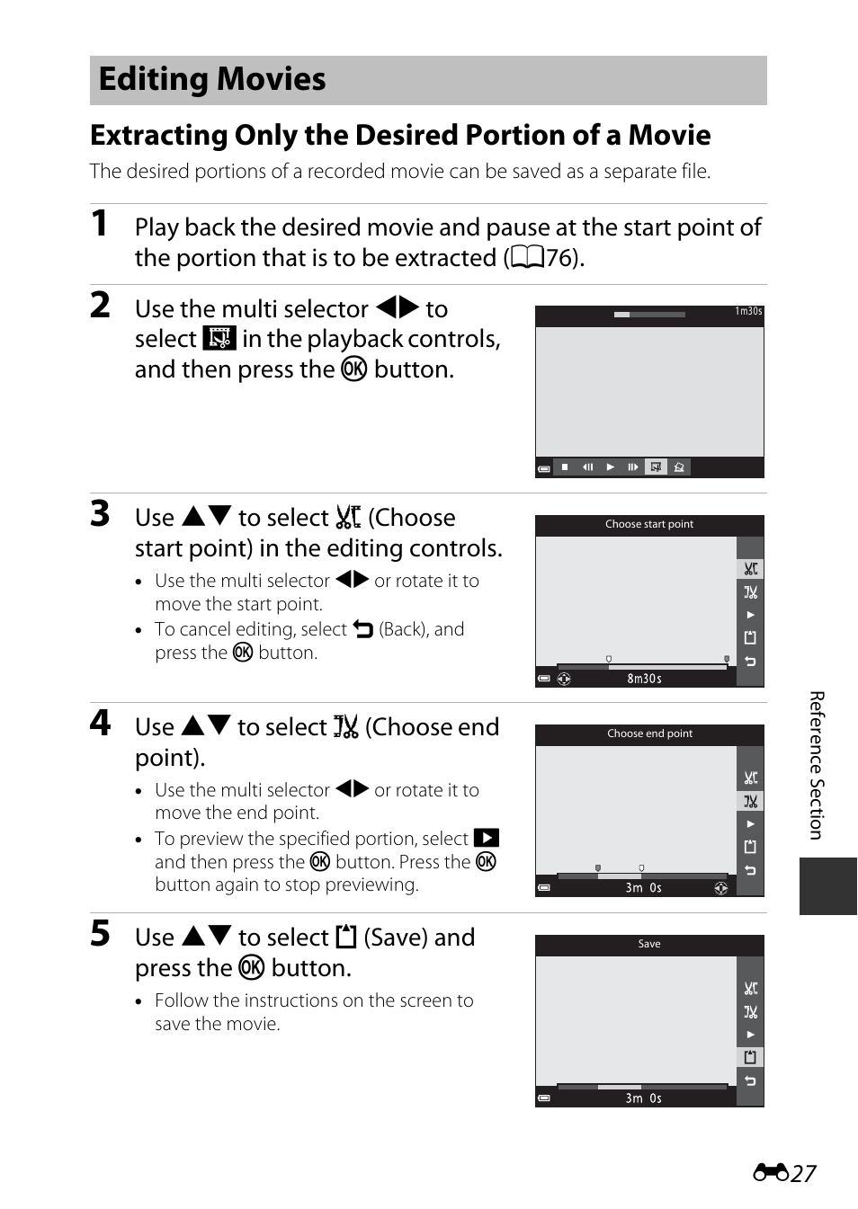 Editing movies, Extracting only the desired portion of a movie | Nikon S9600 User Manual | Page 137 / 226