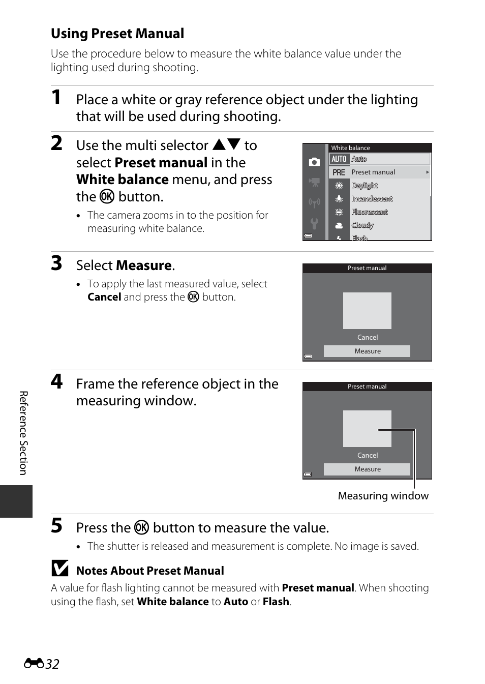 E32 using preset manual, Select measure, Frame the reference object in the measuring window | Press the k button to measure the value | Nikon S9600 User Manual | Page 142 / 226