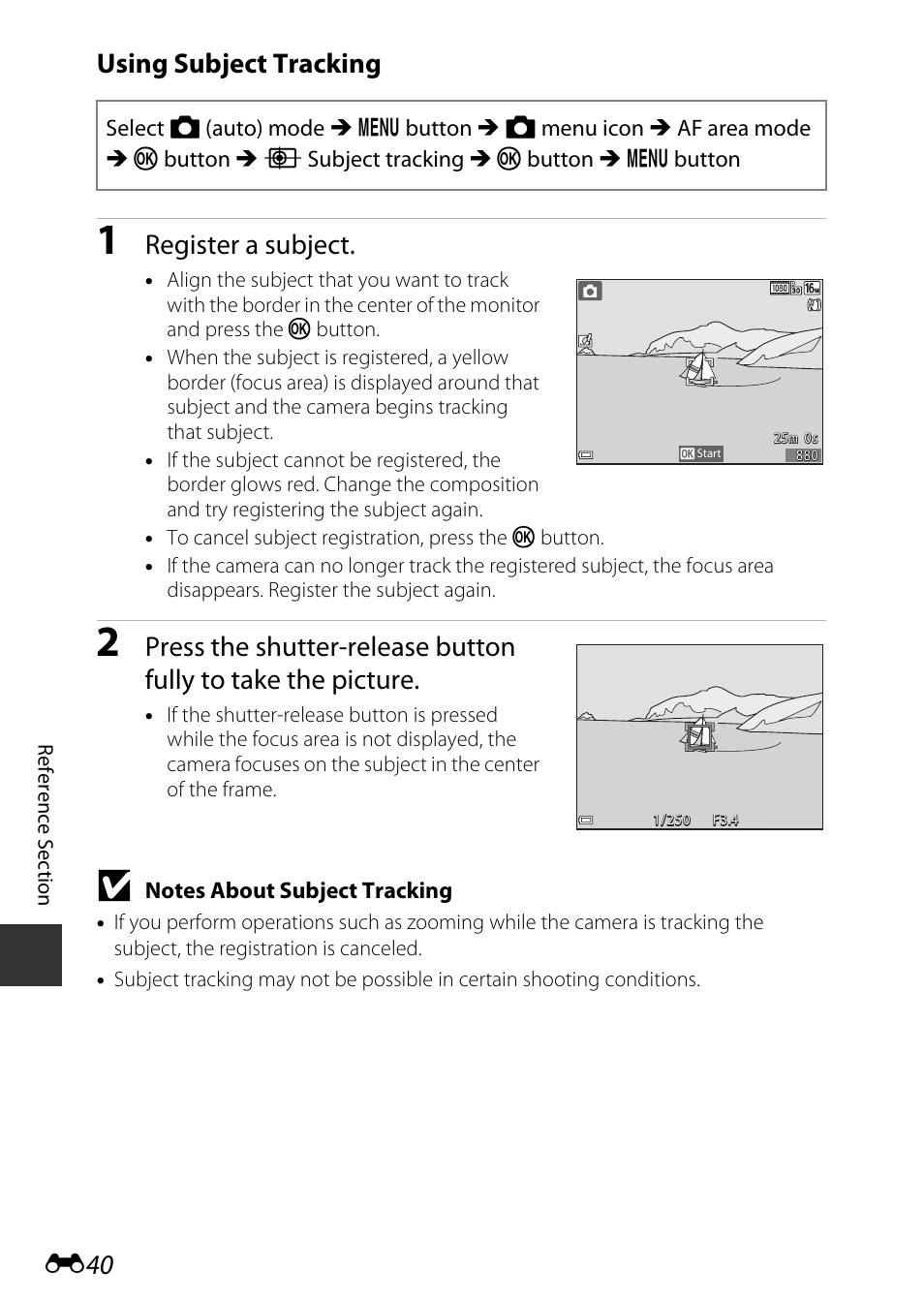 Using subject tracking, E40), E40 using subject tracking | Register a subject | Nikon S9600 User Manual | Page 150 / 226