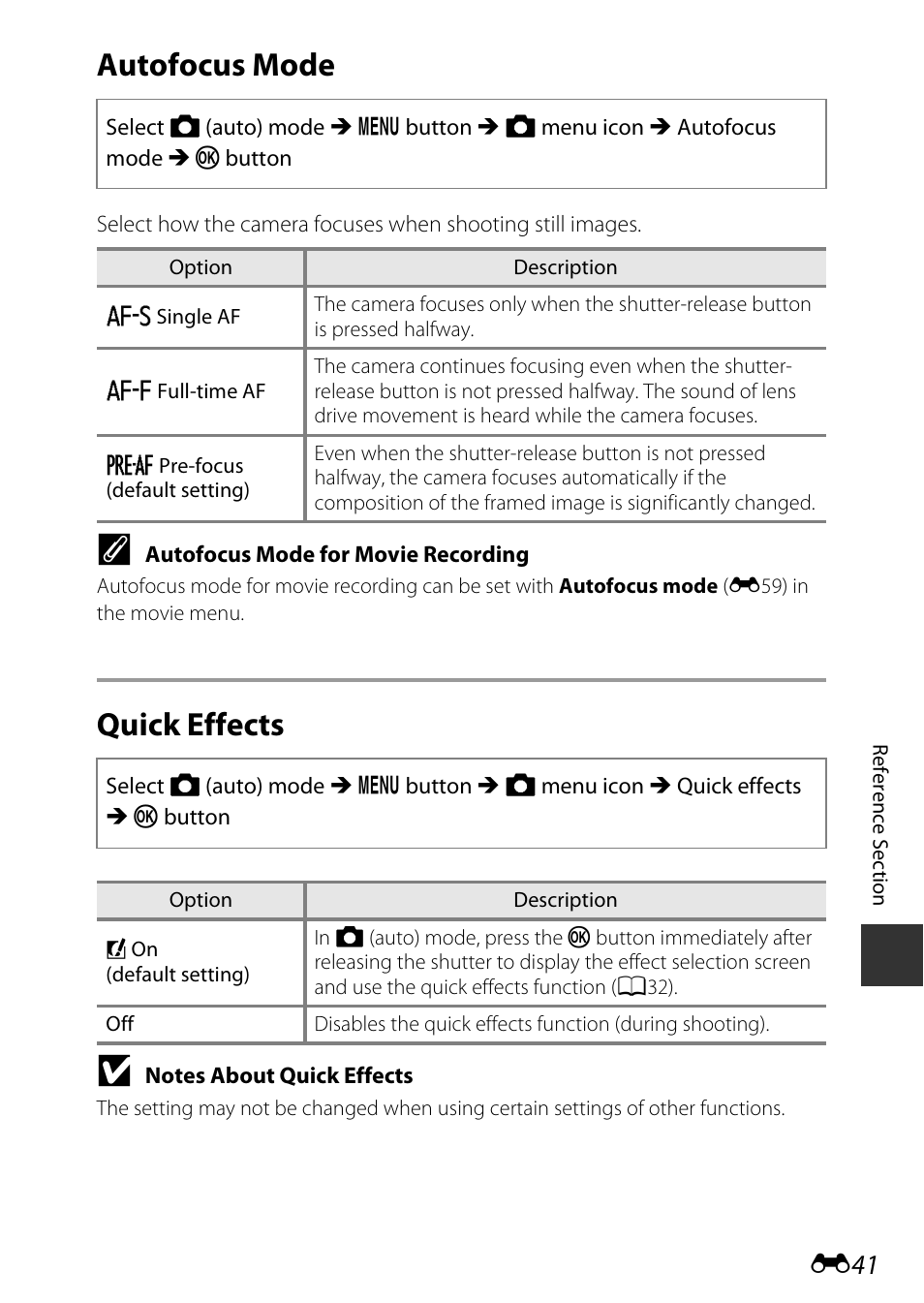 Autofocus mode, Quick effects | Nikon S9600 User Manual | Page 151 / 226