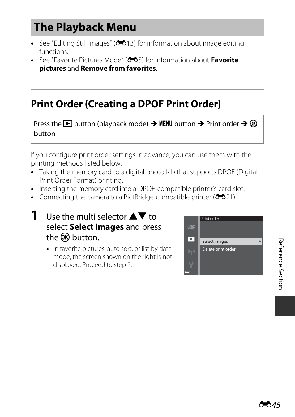 The playback menu, Print order (creating a dpof print order), E45) | Nikon S9600 User Manual | Page 155 / 226