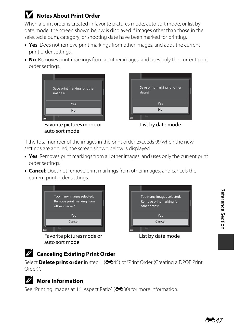 Canceling existing print order, More information | Nikon S9600 User Manual | Page 157 / 226