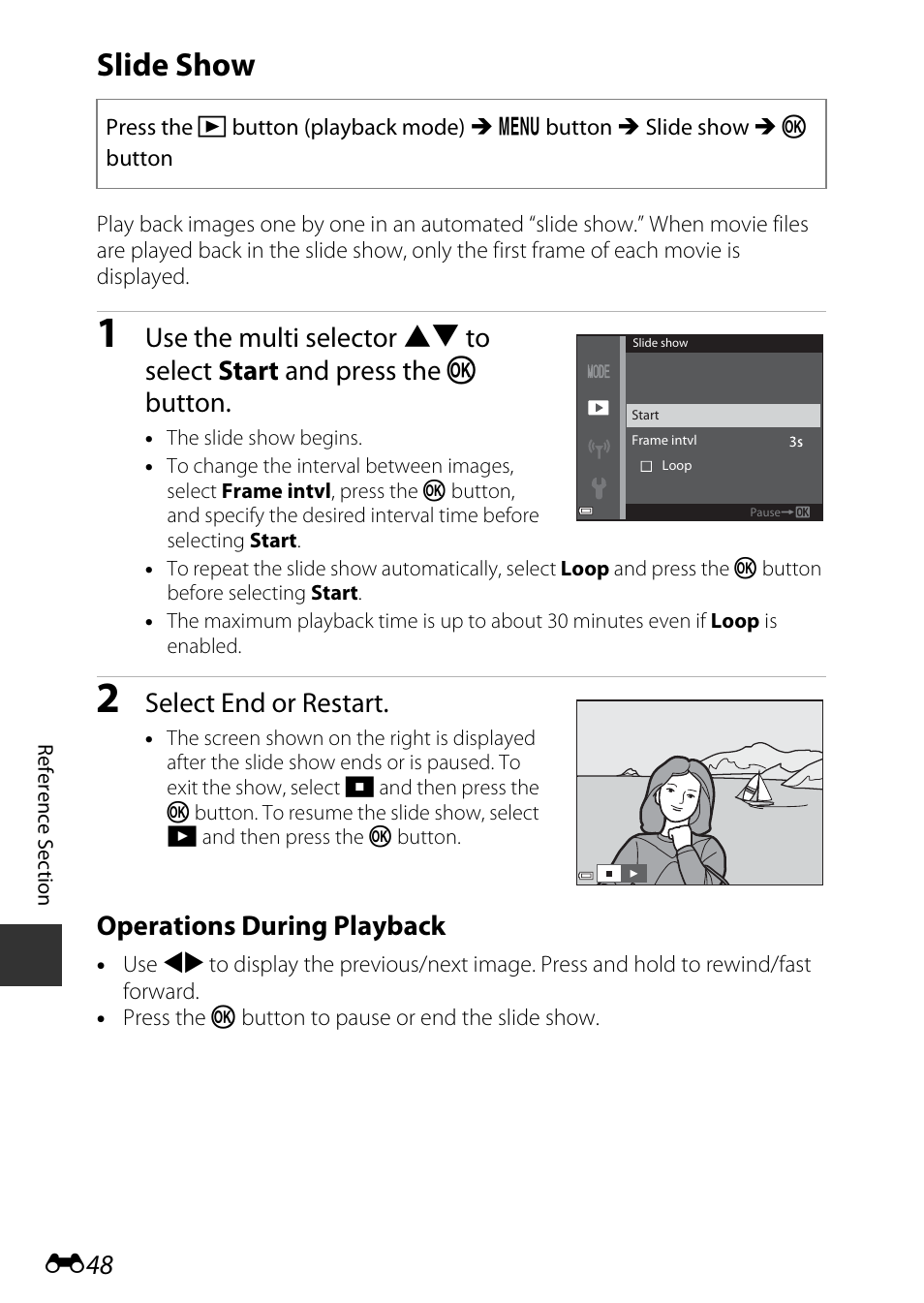Slide show, Select end or restart, Operations during playback | Nikon S9600 User Manual | Page 158 / 226