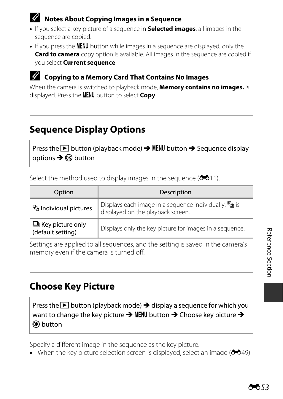 Sequence display options, Choose key picture | Nikon S9600 User Manual | Page 163 / 226