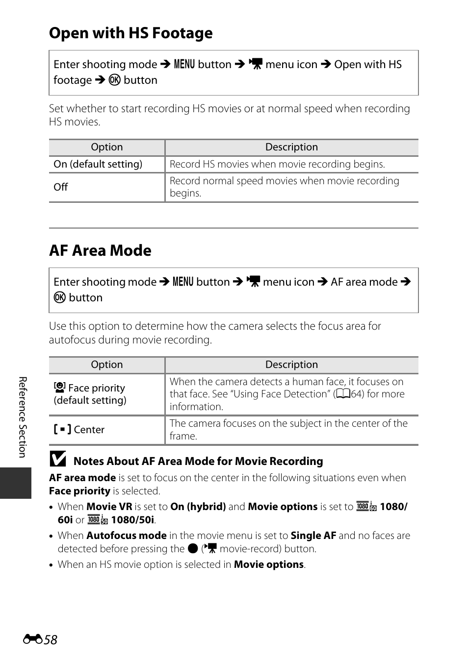 Open with hs footage, Af area mode, E58) in the | Nikon S9600 User Manual | Page 168 / 226