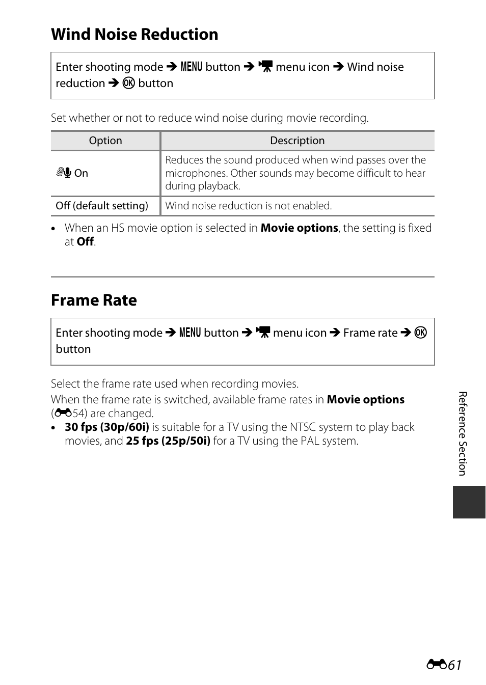 Wind noise reduction, Frame rate, E61) | Nikon S9600 User Manual | Page 171 / 226