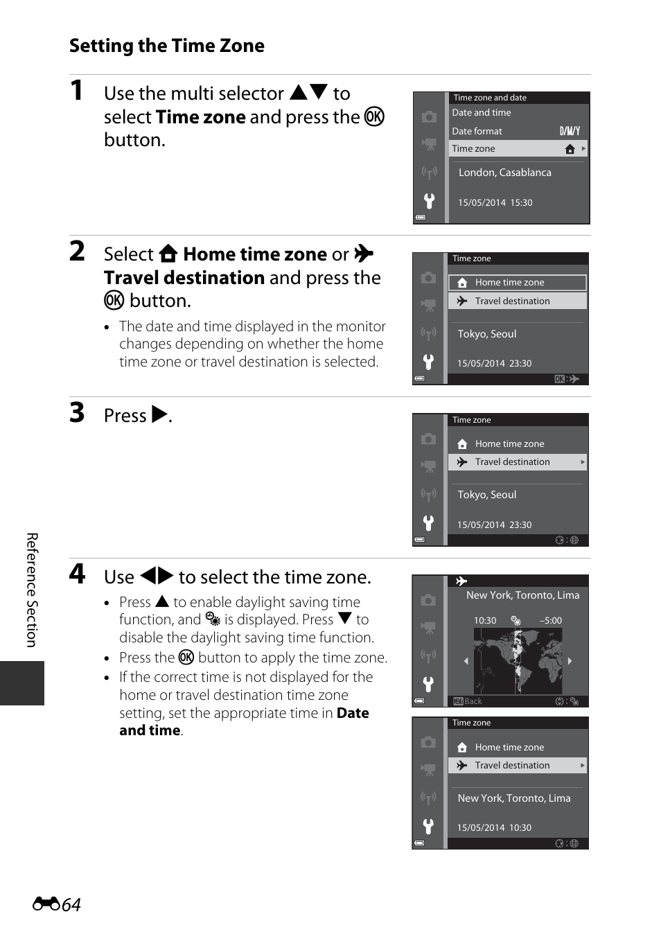 E64 setting the time zone, Press k, Use jk to select the time zone | Nikon S9600 User Manual | Page 174 / 226