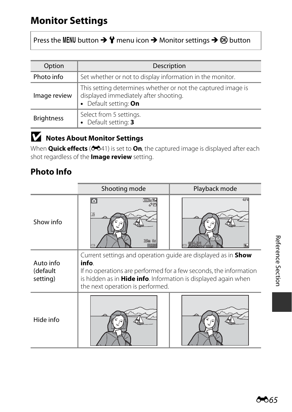 Monitor settings, Photo info | Nikon S9600 User Manual | Page 175 / 226