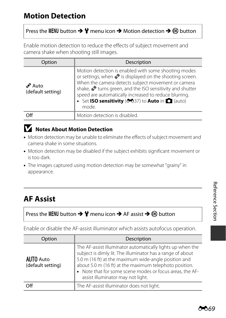 Motion detection, Af assist | Nikon S9600 User Manual | Page 179 / 226