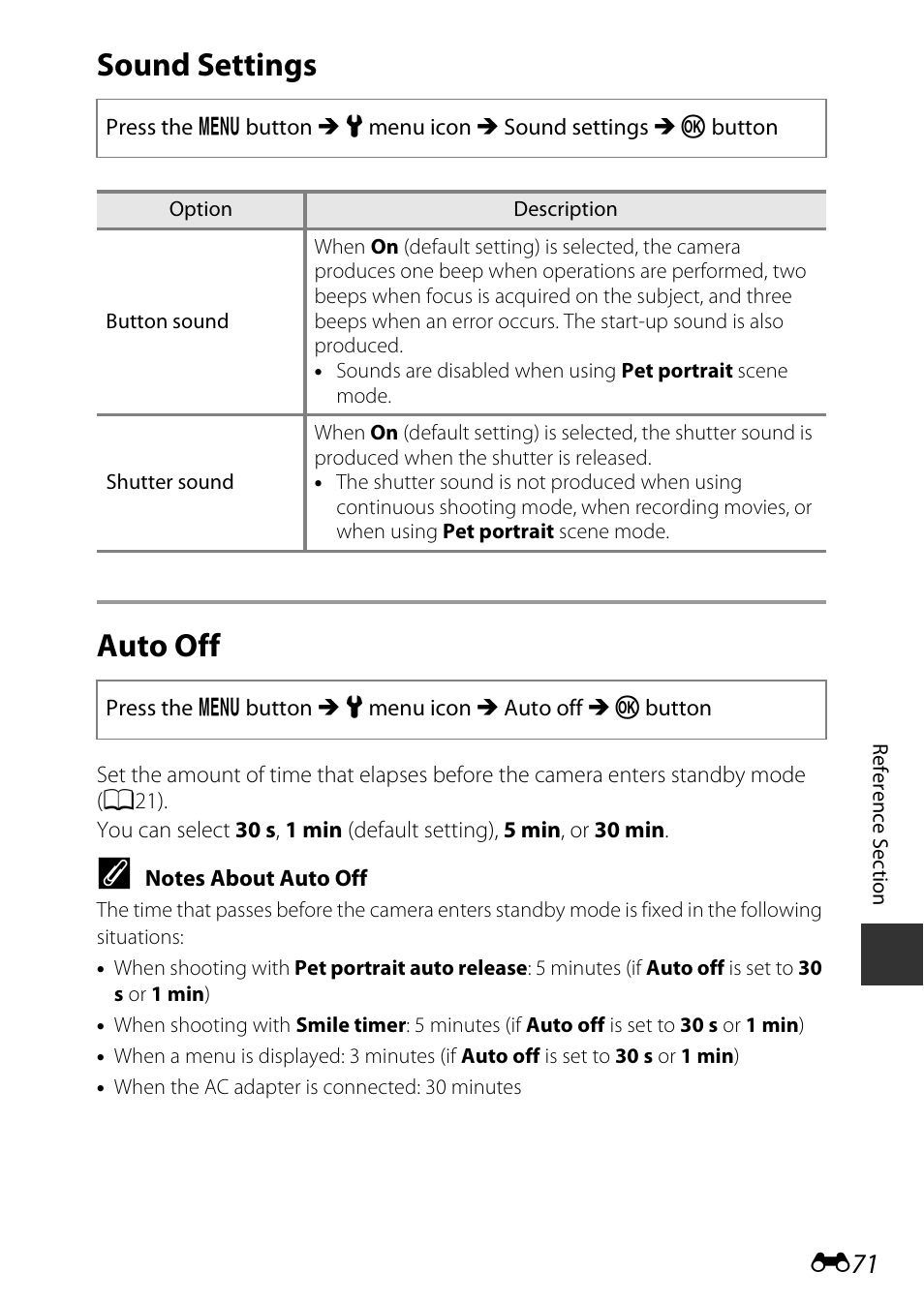 Sound settings, Auto off, Sound settings auto off | Nikon S9600 User Manual | Page 181 / 226