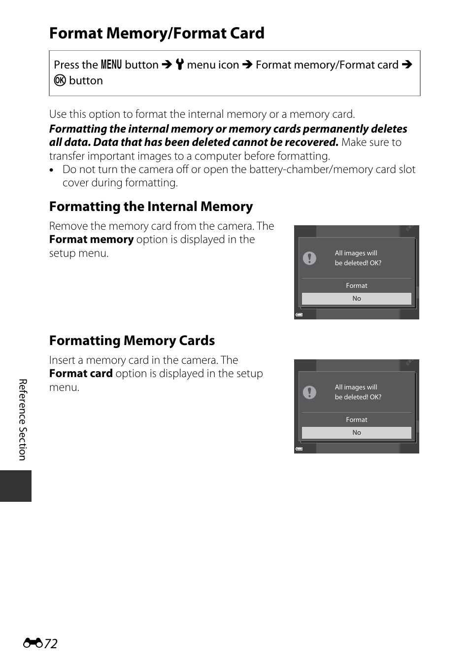 Format memory/format card, E72) | Nikon S9600 User Manual | Page 182 / 226