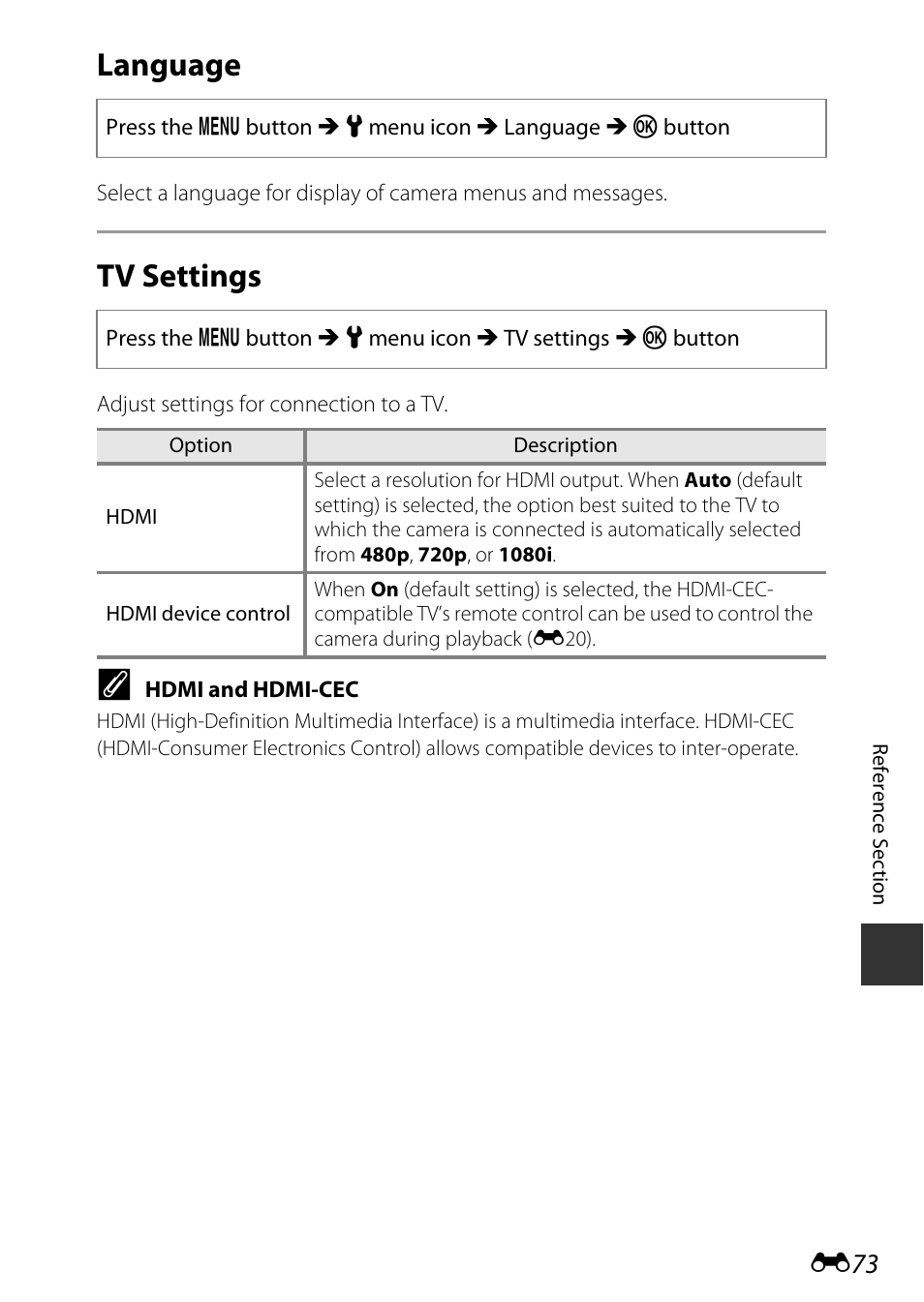 Language, Tv settings | Nikon S9600 User Manual | Page 183 / 226