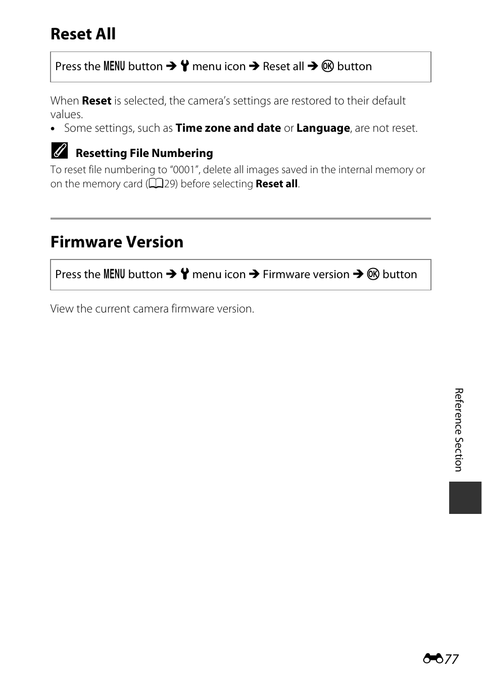 Reset all, Firmware version | Nikon S9600 User Manual | Page 187 / 226