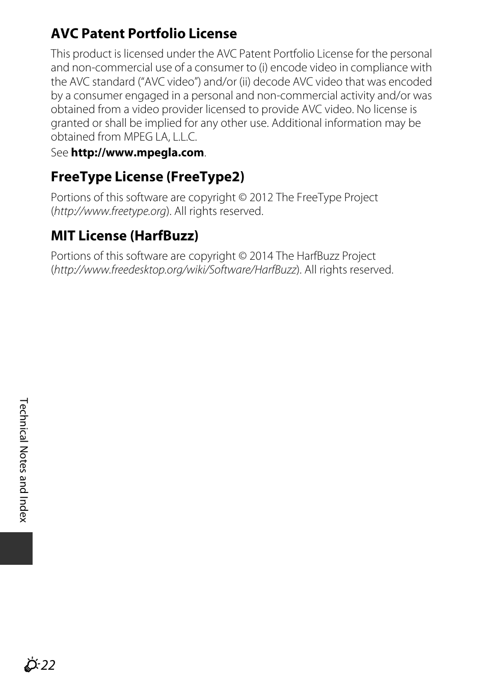 F22 avc patent portfolio license, Freetype license (freetype2), Mit license (harfbuzz) | Nikon S9600 User Manual | Page 218 / 226