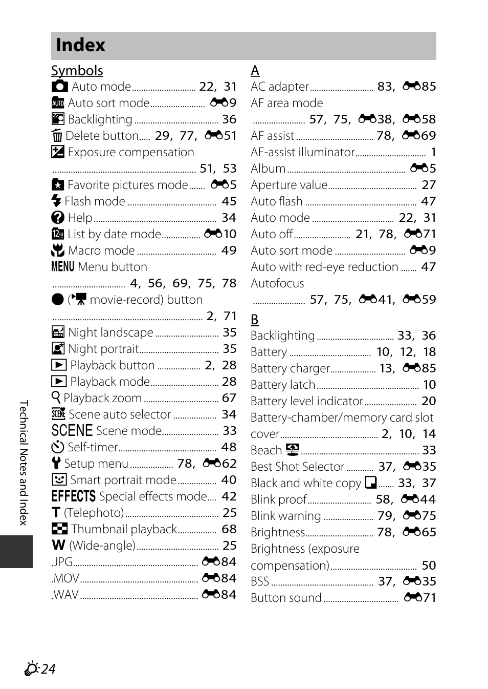 Index, F 24, F24 symbols | Nikon S9600 User Manual | Page 220 / 226