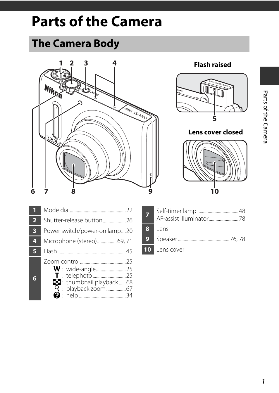 Parts of the camera, The camera body, E “parts of the camera | Nikon S9600 User Manual | Page 23 / 226