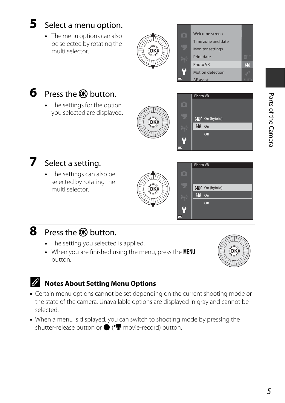 Select a menu option, Press the k button, Select a setting | Nikon S9600 User Manual | Page 27 / 226