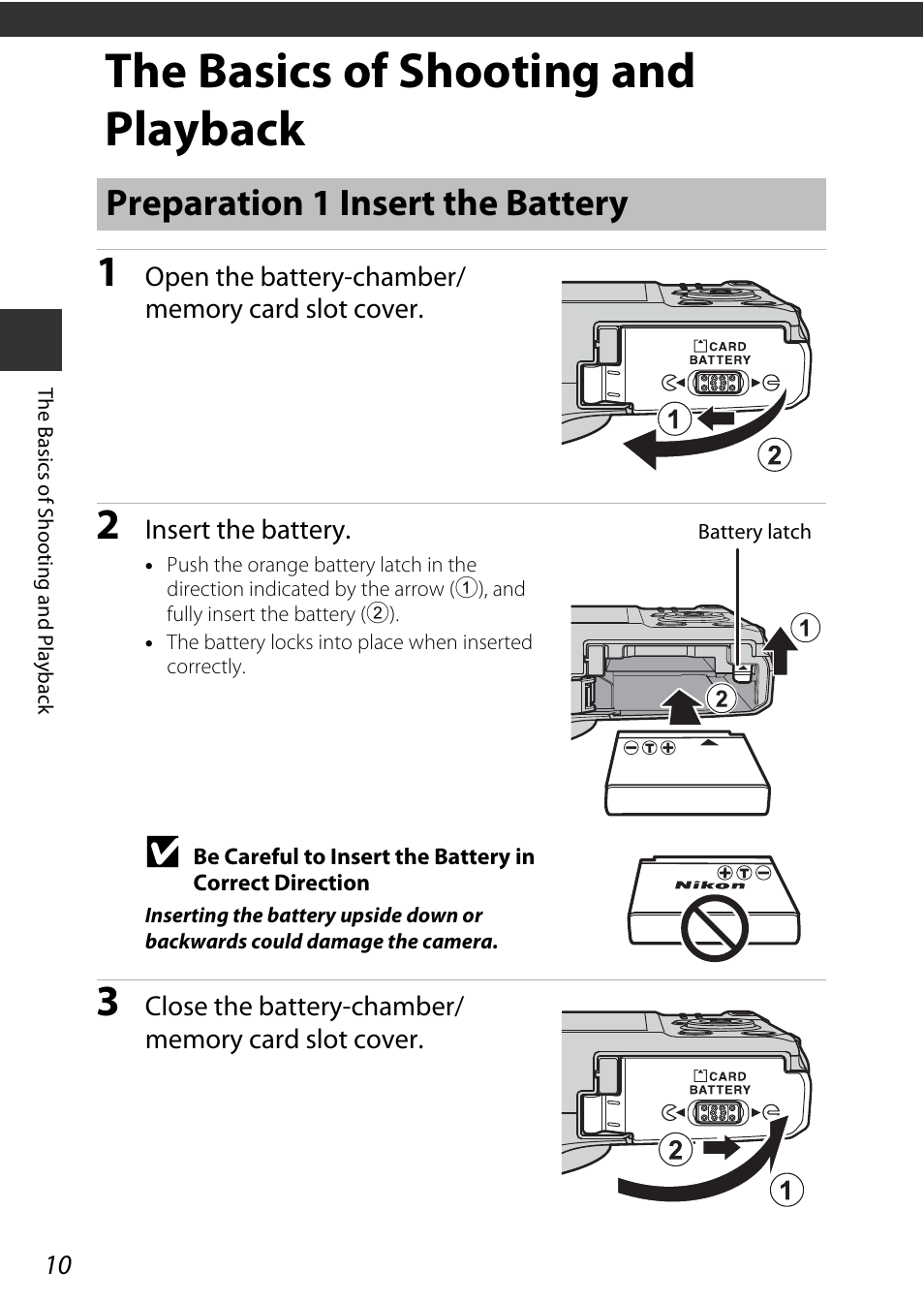 The basics of shooting and playback, Preparation 1 insert the battery, E “the basics of shooting and playback | A10) | Nikon S9600 User Manual | Page 32 / 226