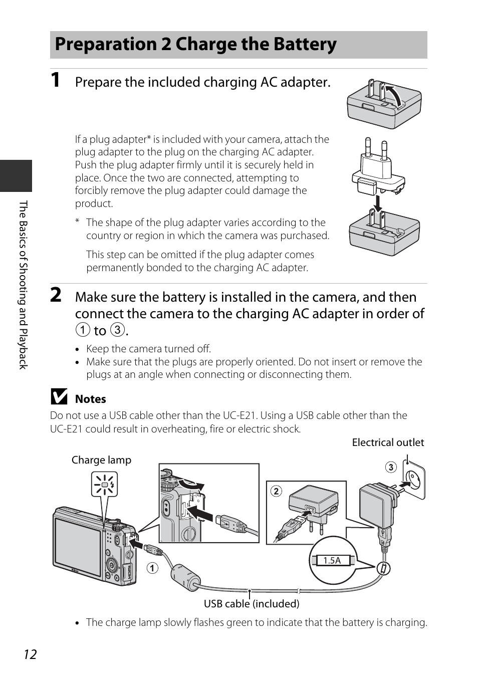 Preparation 2 charge the battery, Prepare the included charging ac adapter | Nikon S9600 User Manual | Page 34 / 226