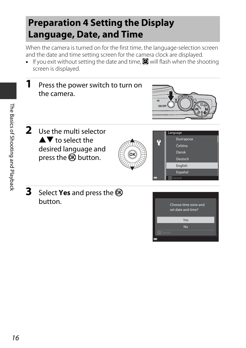 Press the power switch to turn on the camera, Select yes and press the k button | Nikon S9600 User Manual | Page 38 / 226