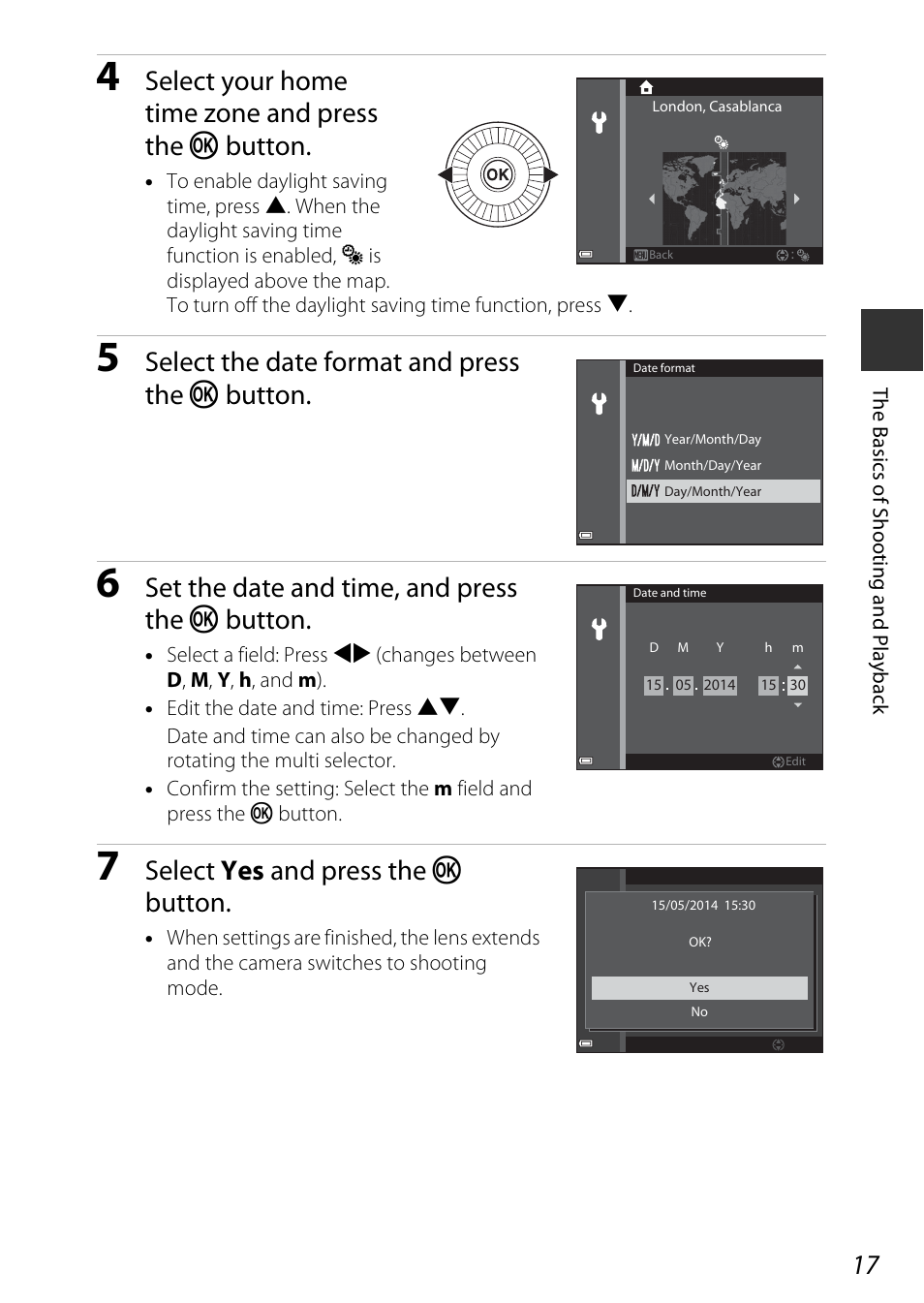Select your home time zone and press the k button, Select the date format and press the k button, Set the date and time, and press the k button | Select yes and press the k button | Nikon S9600 User Manual | Page 39 / 226