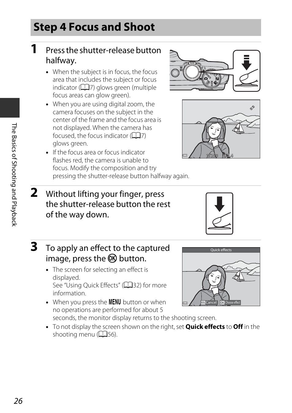 Step 4 focus and shoot, Press the shutter-release button halfway | Nikon S9600 User Manual | Page 48 / 226