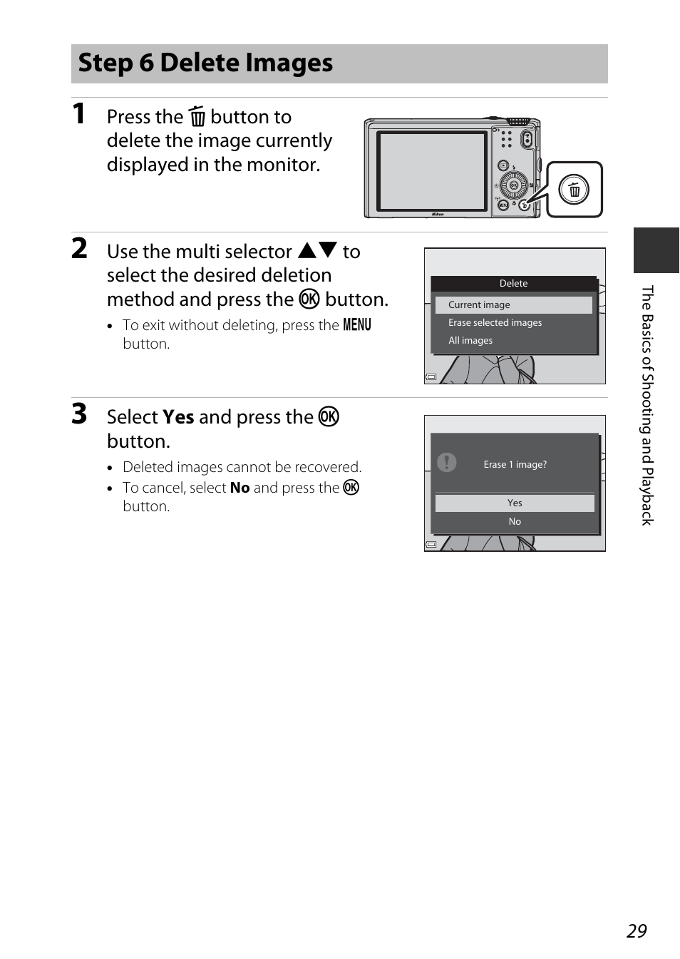 Step 6 delete images, Select yes and press the k button | Nikon S9600 User Manual | Page 51 / 226