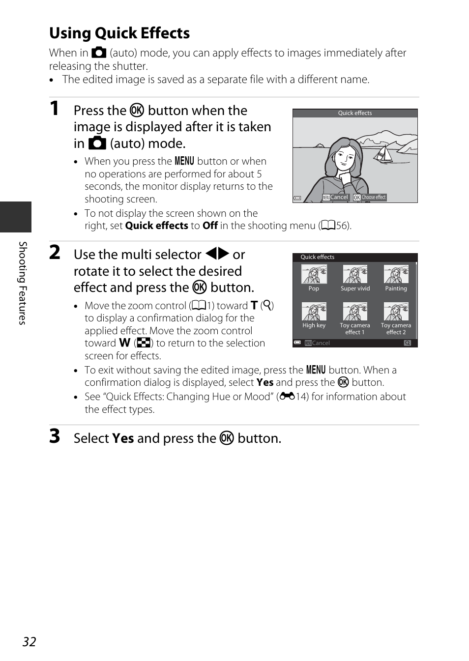 Using quick effects, A32) f, Select yes and press the k button | Nikon S9600 User Manual | Page 54 / 226