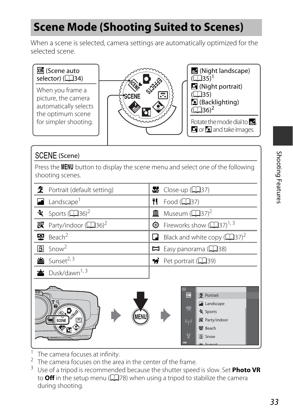 Scene mode (shooting suited to scenes) | Nikon S9600 User Manual | Page 55 / 226