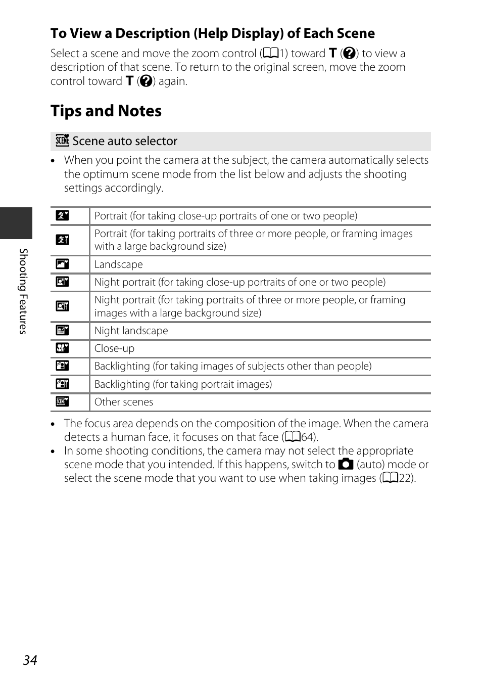 Tips and notes, Selector), A34) | Nikon S9600 User Manual | Page 56 / 226