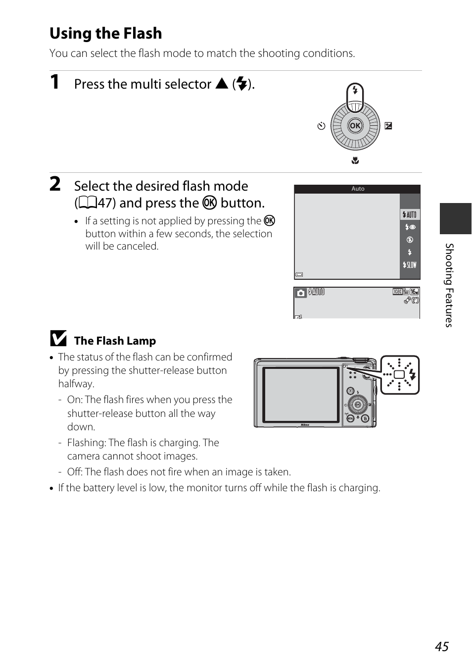 Using the flash, Flash mode (a45), A45) | Nikon S9600 User Manual | Page 67 / 226