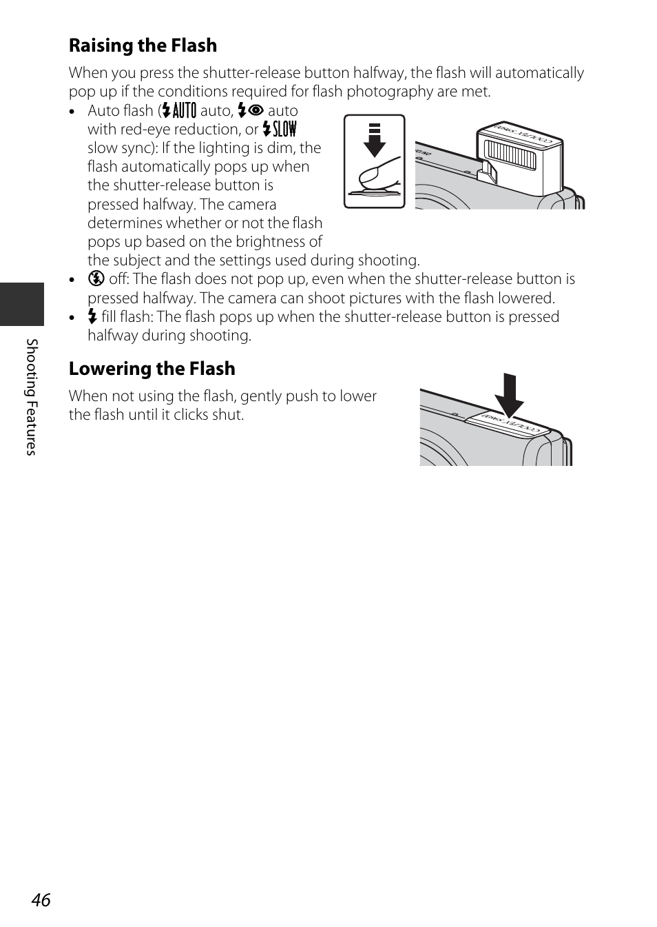 Raising the flash, Lowering the flash | Nikon S9600 User Manual | Page 68 / 226