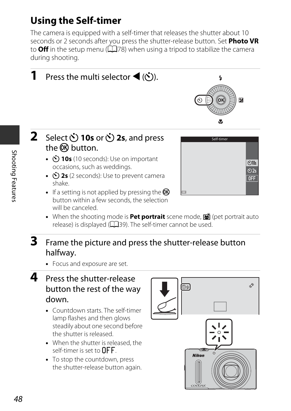 Using the self-timer, A48) | Nikon S9600 User Manual | Page 70 / 226