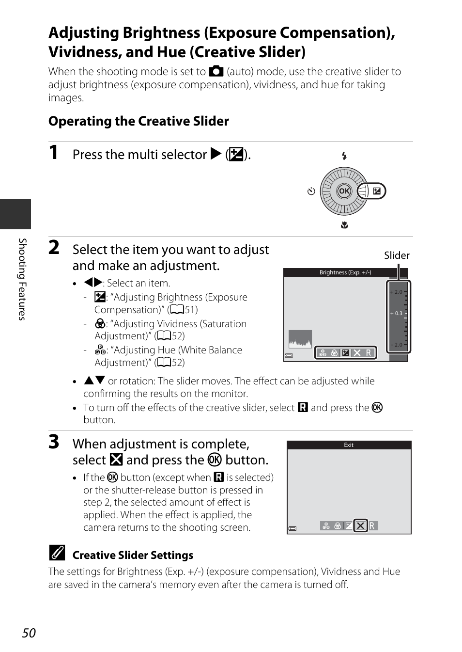 A50), Operating the creative slider, Press the multi selector k (o) | Nikon S9600 User Manual | Page 72 / 226