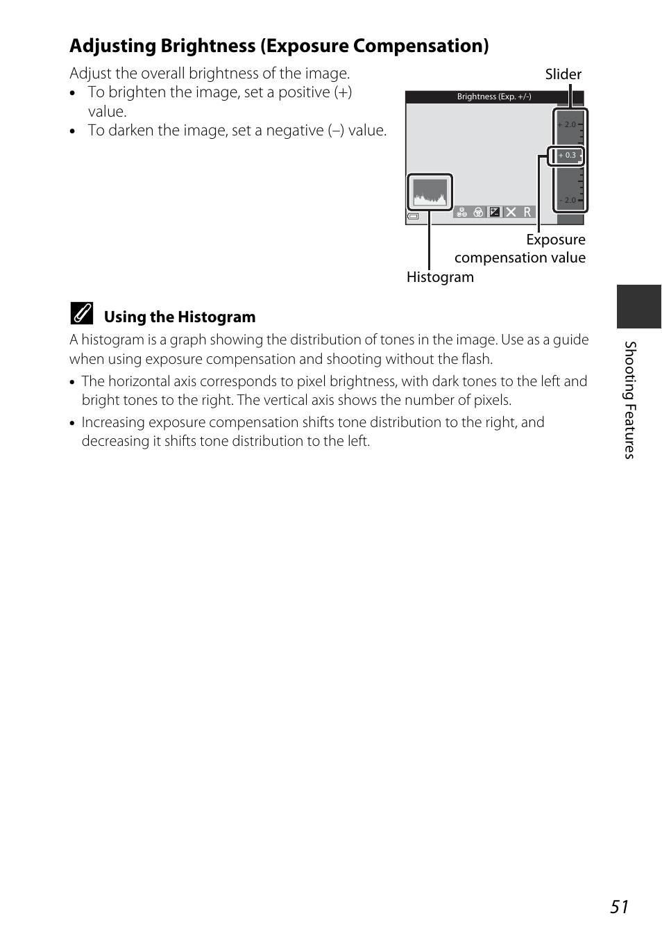 Adjusting brightness (exposure compensation), A51) | Nikon S9600 User Manual | Page 73 / 226