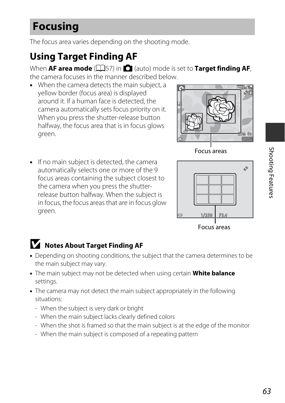 Focusing, Using target finding af, A63) | Nikon S9600 User Manual | Page 85 / 226