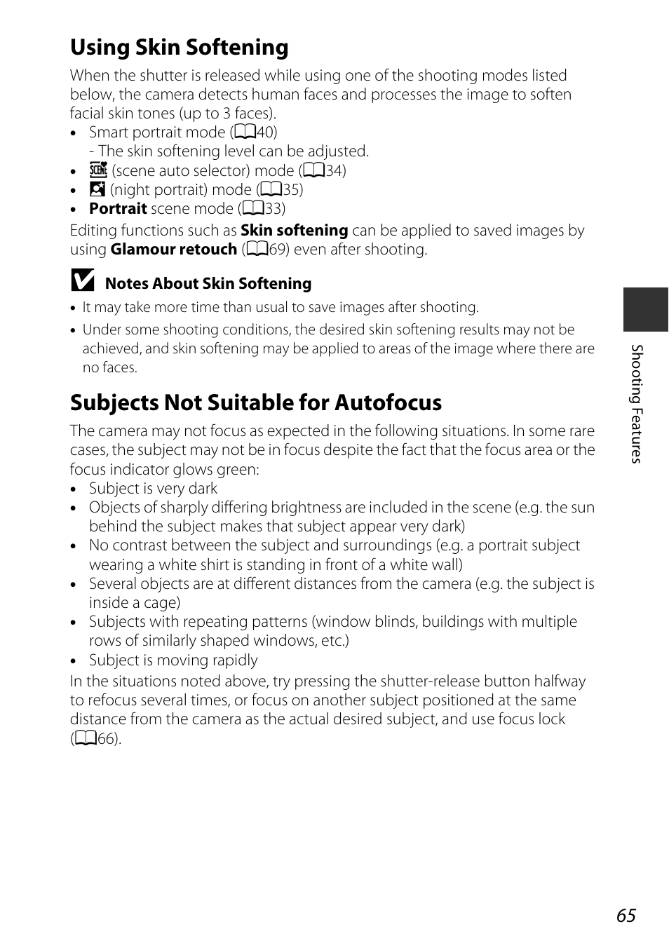 Using skin softening, Subjects not suitable for autofocus | Nikon S9600 User Manual | Page 87 / 226