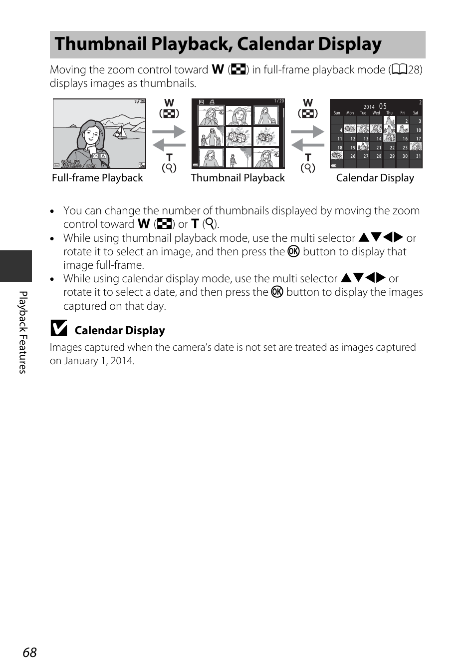 Thumbnail playback, calendar display, Calendar display, Playbac k features | Nikon S9600 User Manual | Page 90 / 226