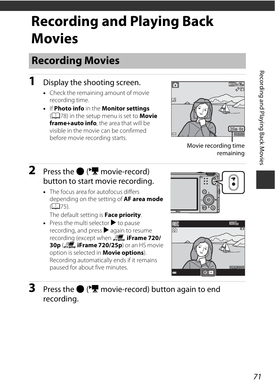 Recording and playing back movies, Recording movies, Display the shooting screen | Nikon S9600 User Manual | Page 93 / 226