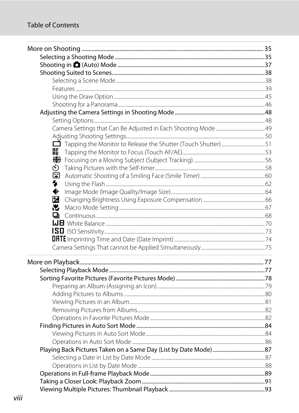 Viii | Nikon S70 User Manual | Page 10 / 192